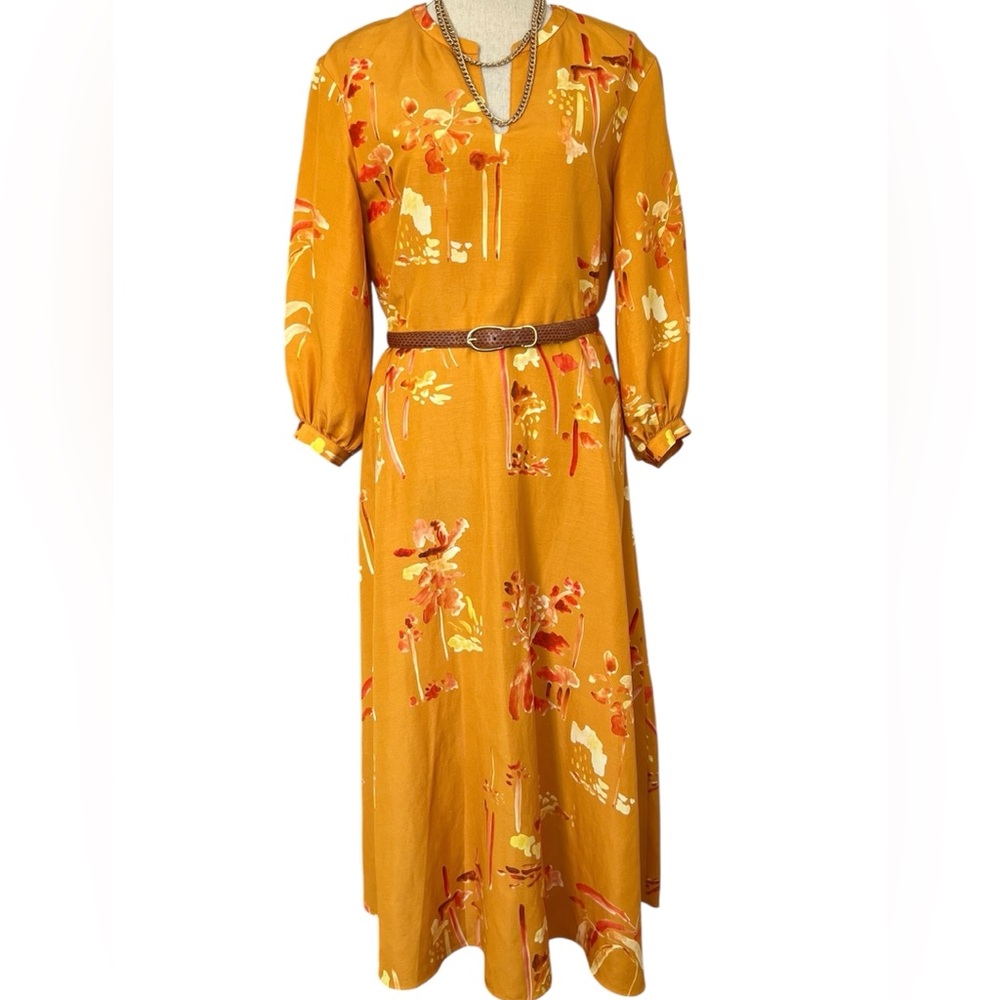 Lafayette 148 New York Leona Silk & Linen Orange Floral Print Midi Dress Size 10